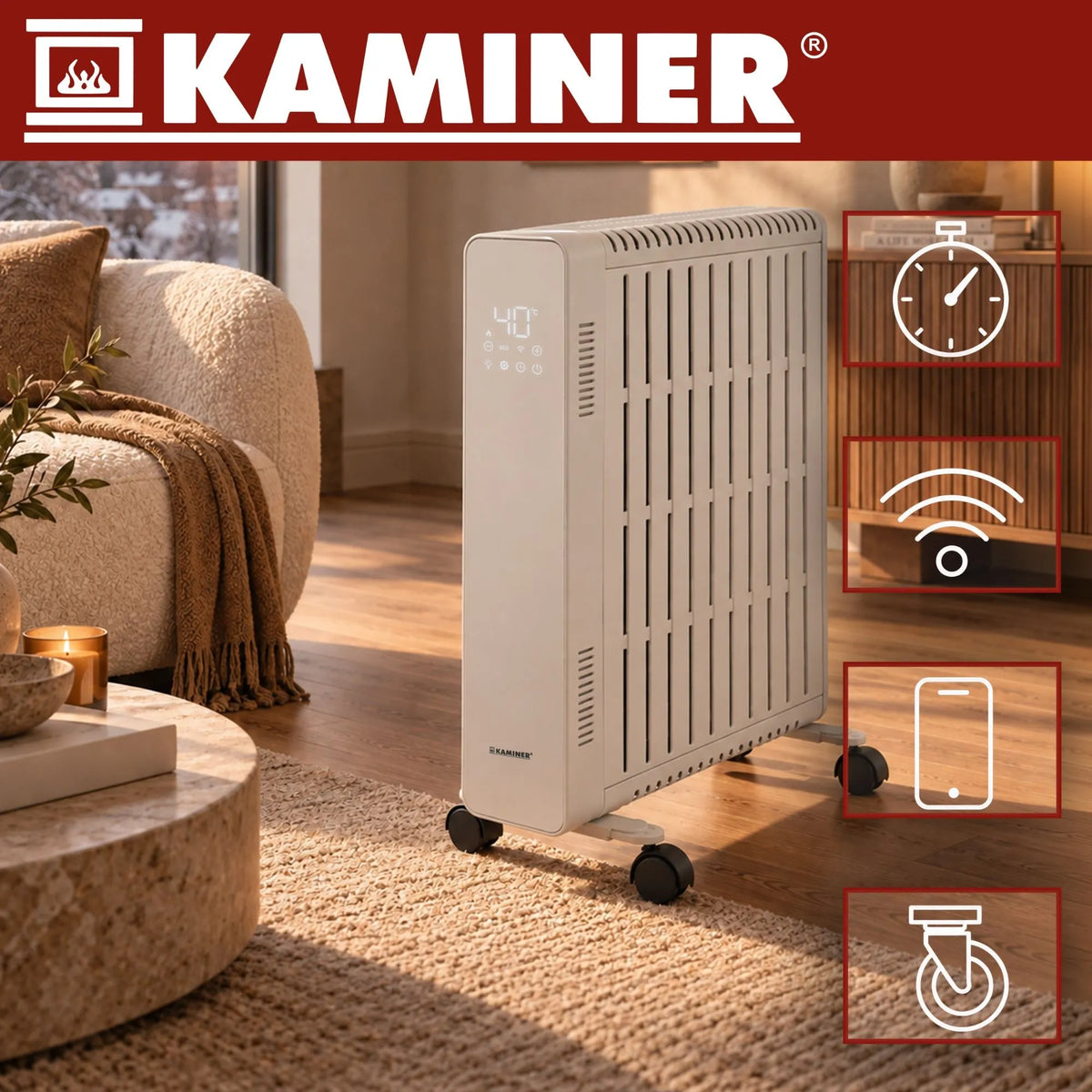 KAMINER Arvell 2500W nutikas WiFi-õliradiaator – rakendusega juhitav elektrisoojendi