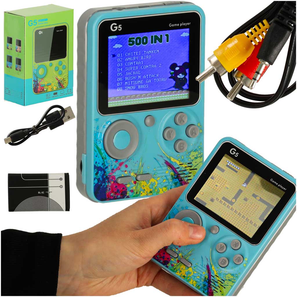 Retro kaasaskantav mängukonsool 500 mänguga – sinine, 3-tolline LCD