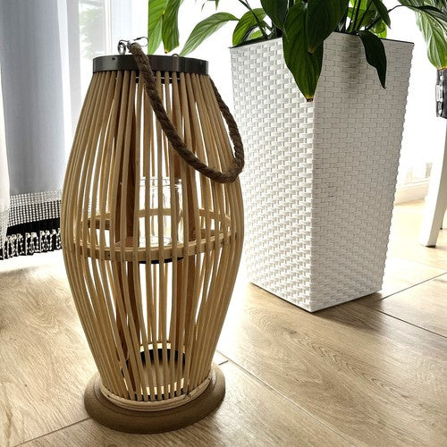 Suur bambusest küünlalatern 40 cm, klaasist hoidiku ja nöörist sangaga – beež