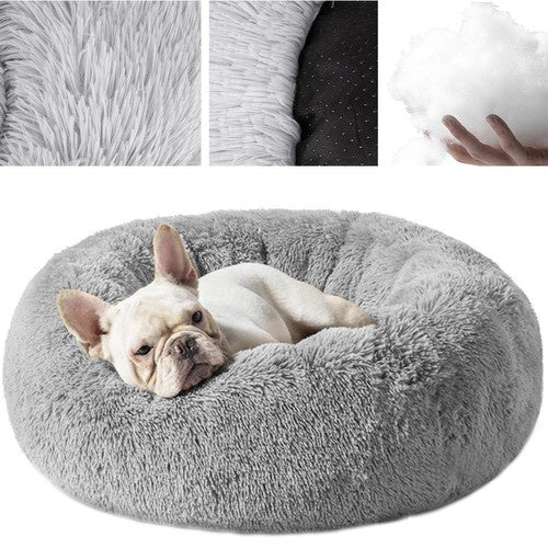 Fluffy Round Pet Bed M 60cm - Grey Faux Fur Bed for Dogs, Cats & Rabbits