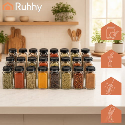 Ruhhy Glass Spice Jars Set of 24 with Labels (Pre-Order)