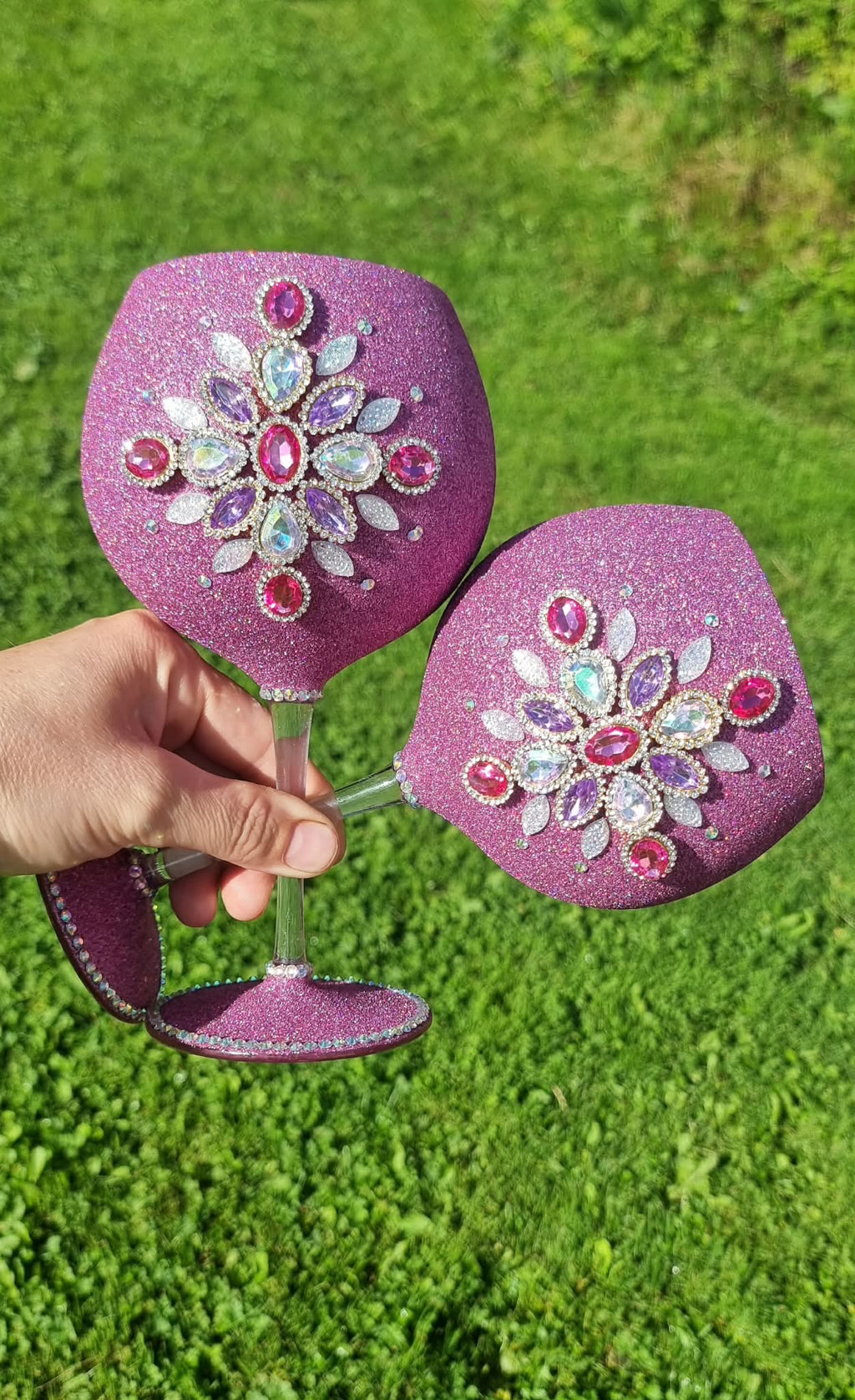Handmade Goblets Set of 2 - Decorated with Rhinestones and Glitter
