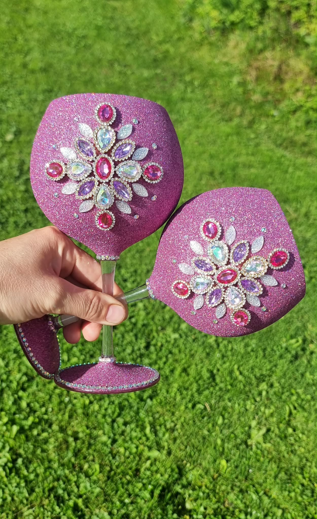 Handmade Goblets Set of 2 - Decorated with Rhinestones and Glitter
