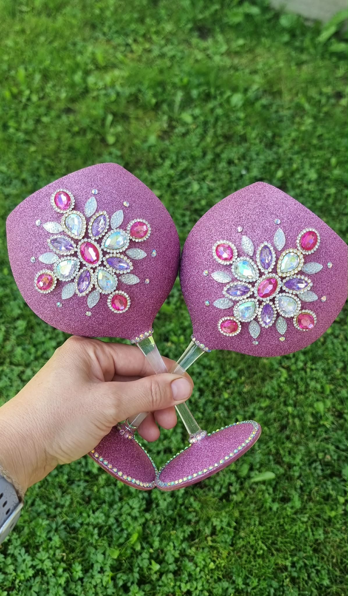 Handmade Goblets Set of 2 - Decorated with Rhinestones and Glitter